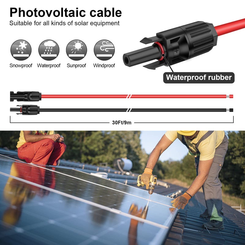 iGreely Solar Panel Extension Cable - 30 Feet 10AWG(6mmÂ²) Solar Extension Cable with Female and Male Connector Solar Panel Wire Adapter (30FT Red + 30FT Black) - Image 5